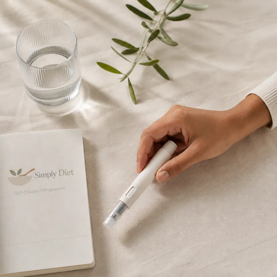 GLP-1 medication beside a clinical notebook