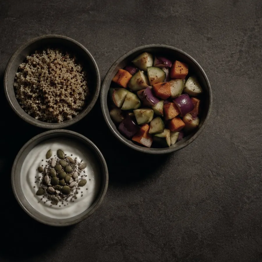 Bowls of grains, roasted vegetables and seeds